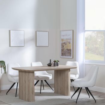 Bern Oak Fluted 6 Seater 160cm Dining Set with Arctic Swivel Cream Velvet Fabric Dining Chairs