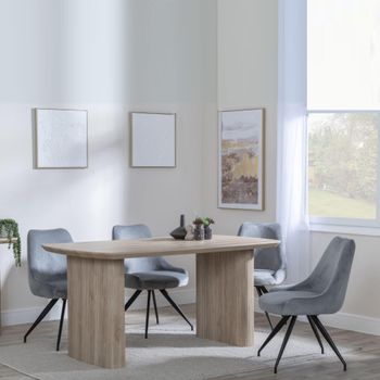 Bern Oak Fluted 6 Seater 160cm Dining Set with Arctic Swivel Grey Velvet Fabric Dining Chairs