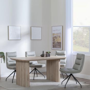 Bern Oak Fluted 6 Seater 160cm Dining Set with Diego Swivel Beige Leather Dining Chairs