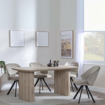 Bern Oak Fluted 6 Seater 160cm Dining Set with Ion Swivel Beige Velvet Fabric Dining Chairs