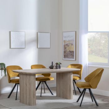 Bern Oak Fluted 6 Seater 160cm Dining Set with Ion Swivel Mustard Velvet Fabric Dining Chairs
