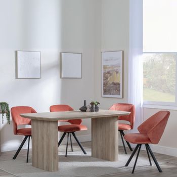 Bern Oak Fluted 6 Seater 160cm Dining Set with Ion Swivel Orange Velvet Fabric Dining Chairs