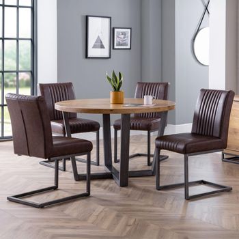 Brooklyn 4 Seater 120cm Round Dining Set with 4 Brown Leather Oak Chairs