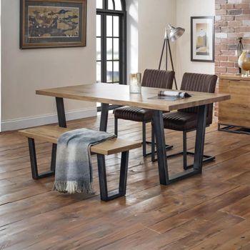Brooklyn 6 Seater 180cm Dining Set with 4 Brown Leather Oak Chairs and 1 Bench