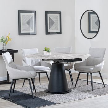 GET 2 CHAIRS FREE - Carrara Grey Ceramic 85-135cm Round Dining Set with 4 Ace Beige Swivel Chairs