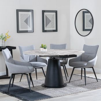 Carrara Grey Ceramic 85cm-135cm Round Extending Dining Set with 4x Ace Swivel Grey Fabric Chair