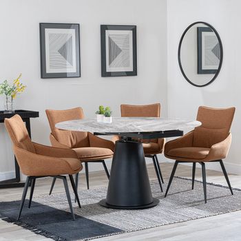 Carrara Grey Ceramic 85cm-135cm Round Extending Dining Set with 4x Ace Swivel Orange Fabric Chair