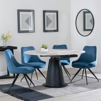 Carrara Grey Ceramic 85cm-135cm Round Extending Dining Set with 4 Arctic Swivel Blue Velvet Chairs