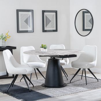 GET 2 CHAIRS FREE - Carrara Grey Ceramic 85-135cm Round Dining Set with 4 Arctic Cream Swivel Chairs