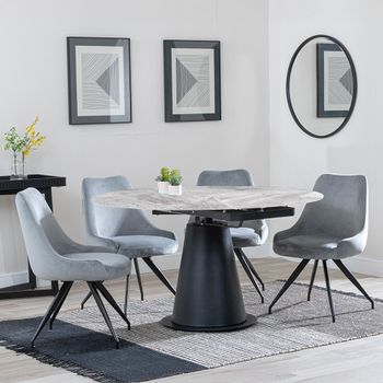 GET 2 CHAIRS FREE - Carrara Grey Ceramic 85-135cm Round Dining Set with 4 Arctic Grey Swivel Chairs