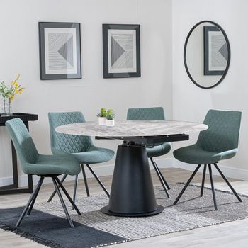 GET 2 CHAIRS FREE - Carrara Grey 85-135cm Round Dining Set with 4 Boden Green Swivel Chairs