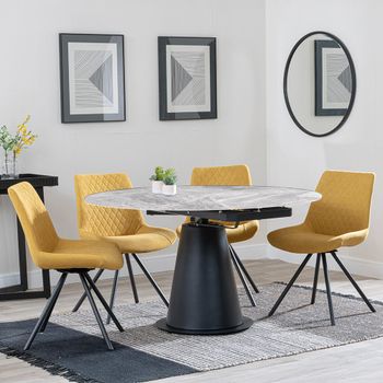 GET 2 CHAIRS FREE - Carrara Grey 85-135cm Round Dining Set with 4 Boden Yellow Swivel Chairs