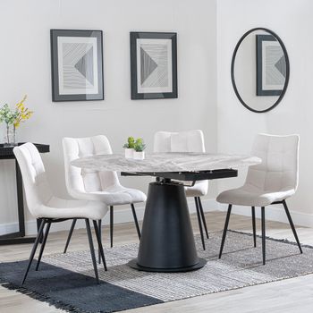 Carrara Grey Ceramic 85cm-135cm Round Extending Dining Set with 4x Corona Beige Fabric Chair