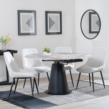 GET 2 CHAIRS FREE - Carrara Grey Ceramic 85-135cm Round Dining Set with 4 Darwin Cream Chairs