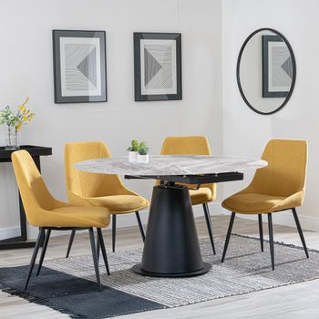 GET 2 CHAIRS FREE - Carrara Grey Ceramic 85-135cm Round Dining Set with 4 Darwin Yellow Chairs