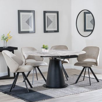 GET 2 CHAIRS FREE - Carrara Grey 85-135cm Round Dining Set with 4 Ion Beige Swivel Chairs