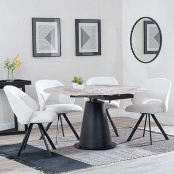 Carrara Grey Ceramic 85cm-135cm Round Extending Dining Set with 4 Ion Swivel Cream Boucle Chairs