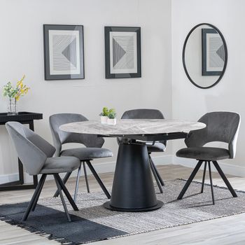 GET 2 CHAIRS FREE - Carrara Grey 85-135cm Round Dining Set with 4 Ion Dark Grey Swivel Chairs