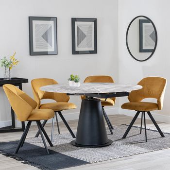 GET 2 CHAIRS FREE - Carrara Grey 85-135cm Round Dining Set with 4 Ion Mustard Swivel Chairs