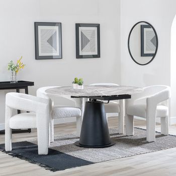 Carrara Grey Ceramic 85cm-135cm Round Extending Dining Set with 4x Kiefer Cream Boucle Fabric Chair