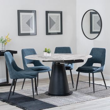 GET 2 CHAIRS FREE - Carrara Grey Ceramic 85-135cm Round Dining Set with 4 Peyton Blue Chairs