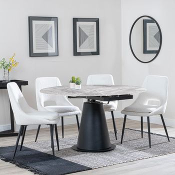GET 2 CHAIRS FREE - Carrara Grey Ceramic 85-135cm Round Dining Set with 4 Peyton Cream Chairs