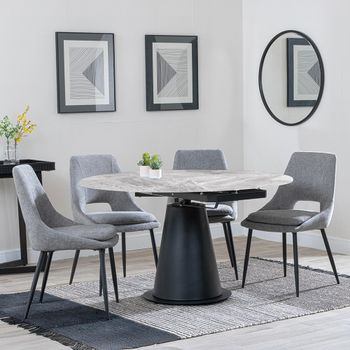 GET 2 CHAIRS FREE - Carrara Grey Ceramic 85-135cm Round Dining Set with 4 Peyton Grey Chairs