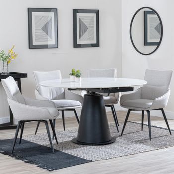 GET 2 CHAIRS FREE - Carrara White Ceramic 85-135cm Round Dining Set with 4 Ace Beige Swivel Chairs