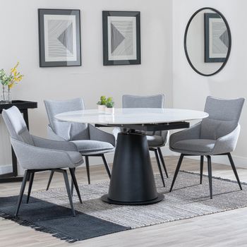 Carrara White Ceramic 85cm-135cm Round Extending Dining Set with 4x Ace Swivel Grey Fabric Chair
