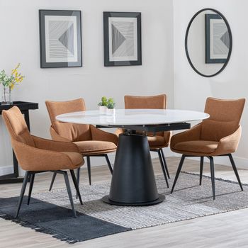 Carrara White Ceramic 85cm-135cm Round Extending Dining Set with 4x Ace Swivel Orange Fabric Chair