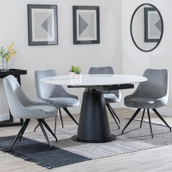 GET 2 CHAIRS FREE - Carrara White 85-135cm Round Dining Set with 4 Arctic Grey Swivel Chairs