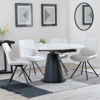 GET 2 CHAIRS FREE - Carrara White 85-135cm Round Dining Set with 4 Boden Cream Swivel Chairs