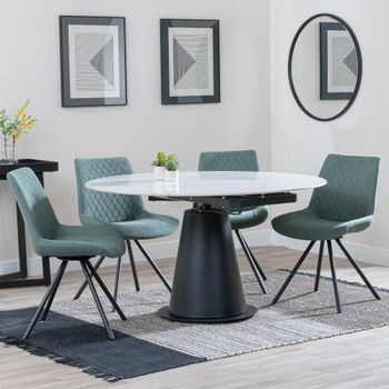 GET 2 CHAIRS FREE - Carrara White 85-135cm Round Dining Set with 4 Boden Green Swivel Chairs