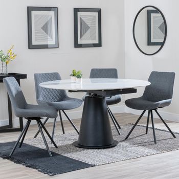 GET 2 CHAIRS FREE - Carrara White 85-135cm Round Dining Set with 4 Boden Grey Swivel Chairs