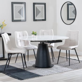 Carrara White Ceramic 85cm-135cm Round Extending Dining Set with 4x Corona Beige Fabric Chair