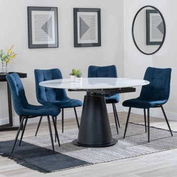 GET 2 CHAIRS FREE - Carrara White Ceramic 85-135cm Round Dining Set with 4 Corona Blue Chairs