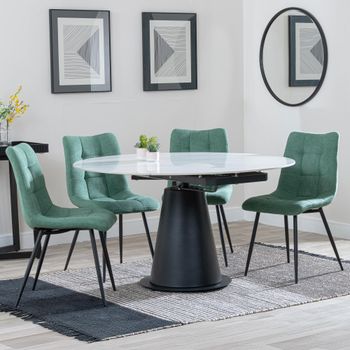 GET 2 CHAIRS FREE - Carrara White Ceramic 85-135cm Round Dining Set with 4 Corona Green Chairs