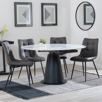 GET 2 CHAIRS FREE - Carrara White Ceramic 85-135cm Round Dining Set with 4 Corona Grey Chairs