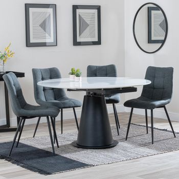 GET 2 CHAIRS FREE - Carrara White Ceramic 85-135cm Round Dining Set with 4 Corona Light Grey Chairs