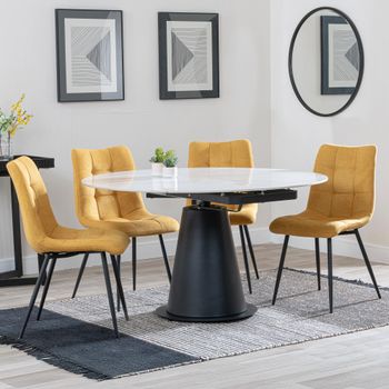 Carrara White Ceramic 85cm-135cm Round Extending Dining Set with 4x Corona Yellow Fabric Chair