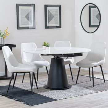 GET 2 CHAIRS FREE - Carrara White Ceramic 85-135cm Round Dining Set with 4 Darwin Cream Chairs