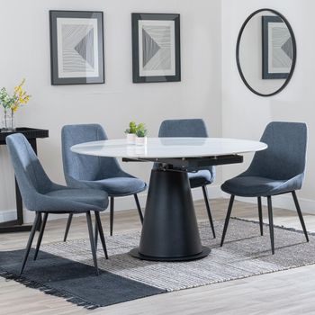 GET 2 CHAIRS FREE - Carrara White Ceramic 85-135cm Round Dining Set with 4 Darwin Dark Grey Chairs