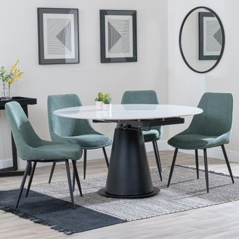 GET 2 CHAIRS FREE - Carrara White Ceramic 85-135cm Round Dining Set with 4 Darwin Green Chairs