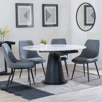 GET 2 CHAIRS FREE - Carrara White Ceramic 85-135cm Round Dining Set with 4 Darwin Grey Chairs