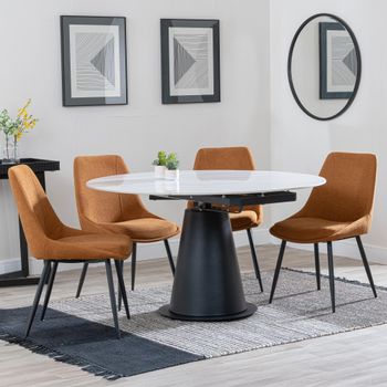 GET 2 CHAIRS FREE - Carrara White Ceramic 85-135cm Round Dining Set with 4 Darwin Orange Chairs