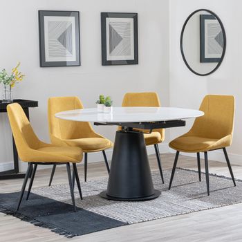GET 2 CHAIRS FREE - Carrara White Ceramic 85-135cm Round Dining Set with 4 Darwin Yellow Chairs