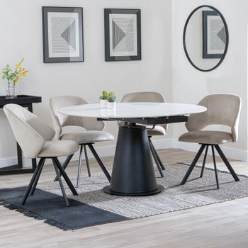 GET 2 CHAIRS FREE - Carrara White 85-135cm Round Dining Set with 4 Ion Beige Swivel Chairs