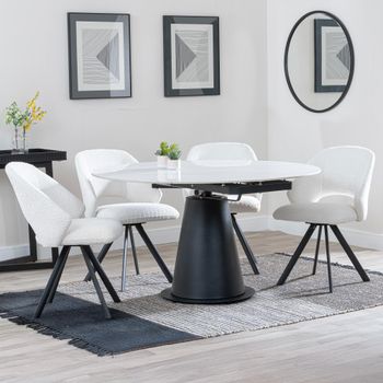 Carrara White Ceramic 85cm-135cm Round Extending Dining Set with 4 Ion Swivel Cream Boucle Chairs
