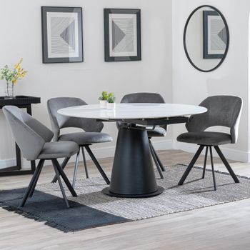 GET 2 CHAIRS FREE - Carrara White 85-135cm Round Dining Set with 4 Ion Dark Grey Swivel Chairs