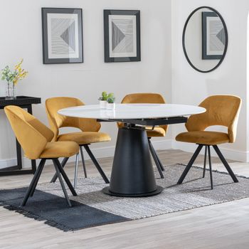 GET 2 CHAIRS FREE - Carrara White 85-135cm Round Dining Set with 4 Ion Mustard Swivel Chairs